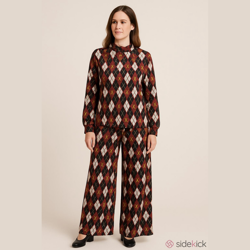 2-pc | Pullover Top, Wide Leg Pant set | 4XL | Brown, Black, Cream, Red